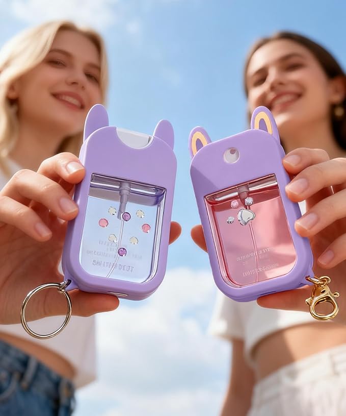 Hand Sanitizer Spray Silicone Case Compatible with Touchland 1 FL. OZ./30 mL, Cute Ears Design Hand Sanitizer Mist Accessory with Keychain (Purple, 1 Pack)
