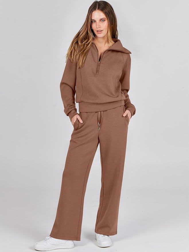 ANRABESS Women 2 Piece Outfits 2025 Fall Fashion Airport Wide Leg Pants Lounge Set Leisure Travel Vacation Clothes Sweatsuits