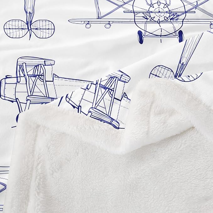Airplane Kids Throw Blanket,Hand-Painted American Aircraft Toddler Bed Blanket for Girls Boys Adults,Air Vehicles Cartoon Fleece Blanket,Blue White Fuzzy Blanket,Throw Size (50 x 60 Inches)