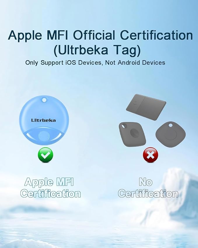 Ultrbeka Air Tracker Tag 4 Pack Bluetooth Item Finder for iPhone – MFi Certified Smart Tracker Compatible with Apple Find My, Replaceable Battery, IP67 Waterproof Key Finder for Keys, Wallet, Luggage