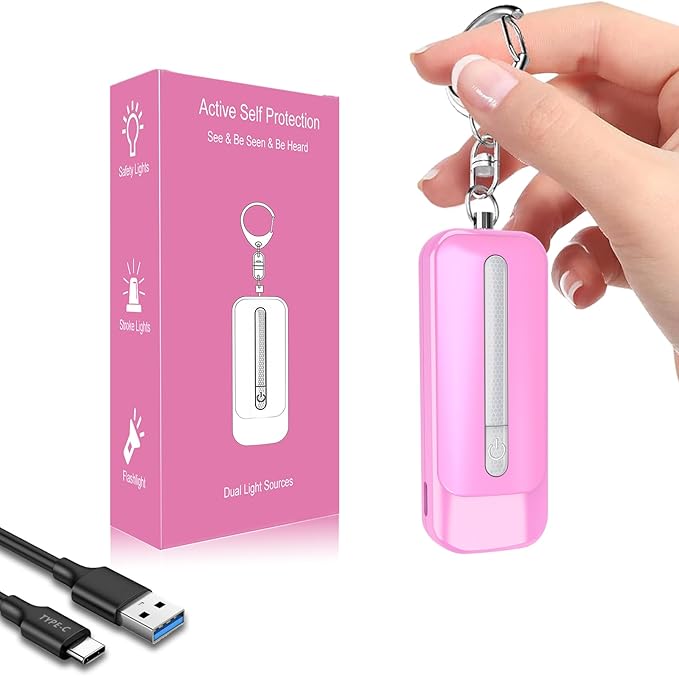 Personal Alarm for Women, Rechargeable with Safety Lights & Low Battery Notice, 130dB Siren with LED Flashlight Strobe Light for Emergency, Dual Light Sources Safety Keychain