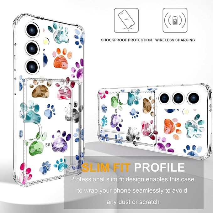 Compatible with Samsung Galaxy S24+ Plus / S25+ Plus Case Card Holder for Women Cute Design,Wallet Phone Cases Transparent Cool Kawaii Protective (Clear Lovely Dogs Paws)