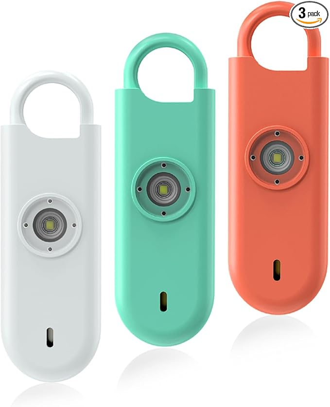 Fauxomor 140dB Personal Safety Alarm for Women, 3 Pack Safe Alarm Protection Keychain with Strobe Light & Low Battery Notice, Security Siren Self Defense for Seniors College Girls, White+Green+Orange
