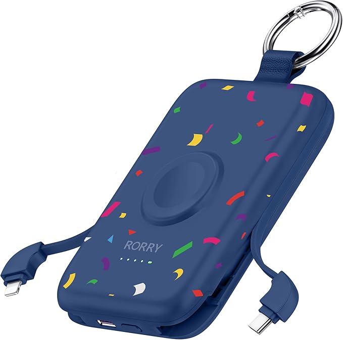 RORRY Portable Charger, 10000mAh PD 20W Fast Charging Portable Charger Power Bank with Built in Cables, Travel Battery Pack for iPhone and Apple Watch Ultra/11/10/9/8/7/6/5, Confetti-Deepblue