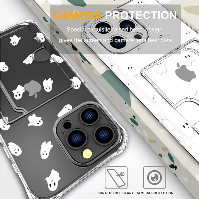 Compatible with iPhone 16 Pro Max Case Card Holder for Women Cute Design,Wallet Phone Cases Transparent Cool Kawaii Protective (Clear Ghosts Halloween Hallowmas)