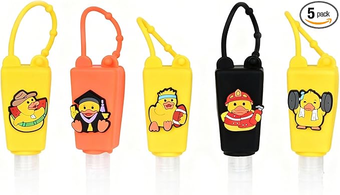 5-Pack Cartoon Kids Hand Sanitizer Holder, 30ml Travel Size Refillable Bottles with Silicone Case, Leak-Proof Portable Containers for Lotion & Liquid Soap (Duckie Fun)