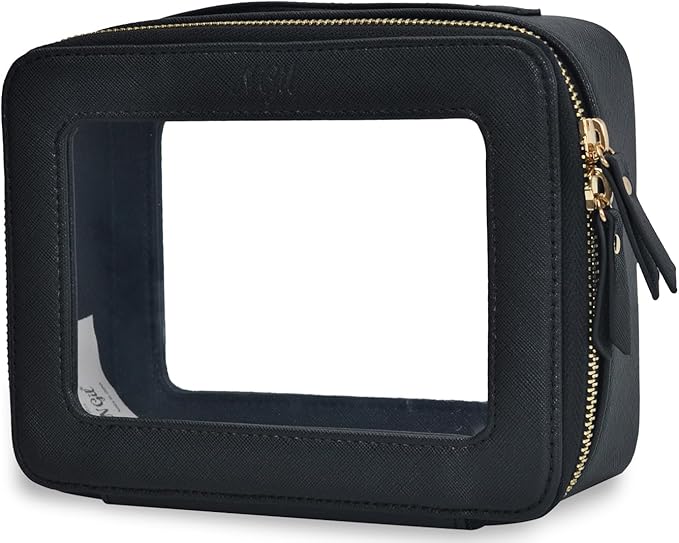 NGIL Clear Faux Leather Travel Toiletry Bag, Makeup Bag Organizer for Women, Clear Window & Gold Zipper Makeup Bag, Road Trip Essential, Skincare, Cruise Ship Essentials (Black)