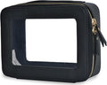 NGIL Clear Faux Leather Travel Toiletry Bag, Makeup Bag Organizer for Women, Clear Window & Gold Zipper Makeup Bag, Road Trip Essential, Skincare, Cruise Ship Essentials (Black)