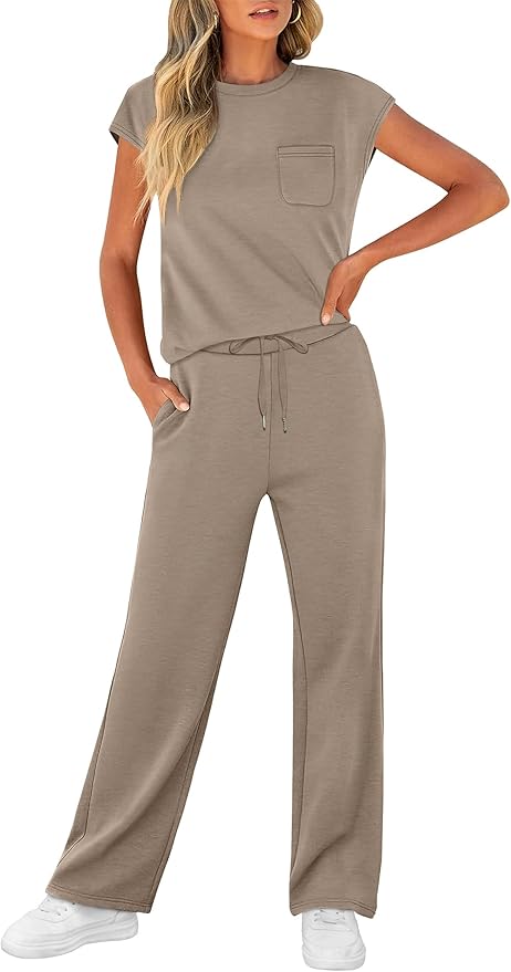 WIHOLL 2 Piece Sets for Women Casual Summer Travel Vacation Outfits Cap Sleeve Lounge Set
