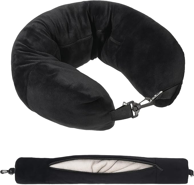 Stuffable Neck Pillow for Travel Adjustable Stuffable Neck Pillow for Airplanes Pillows Stuffed with Clothes Storage No Filler Storage Pillows Fits 5+ Days of Travel Essentials Black