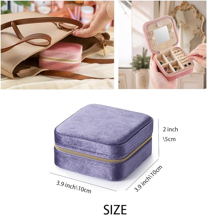 ZPROW Plush Velvet Travel Jewelry Case, Travel Jewelry Organizer, Jewelry Travel Case,Travel Jewelry Box, Small Jewelry Case for Women, Jewelry Travel Box, Earring Organizer with Mirror - Periwinkle