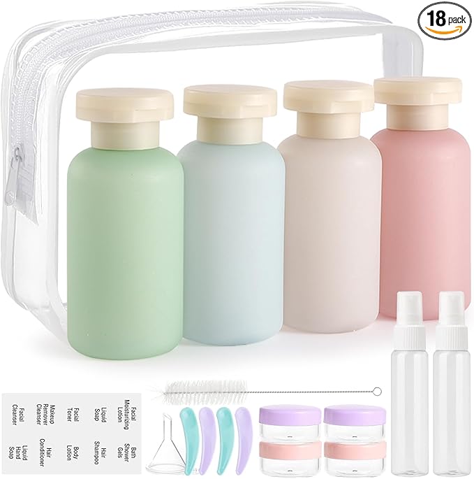 18 Pack Travel Bottles for Toiletries, TSA Approved Leak Proof Refillable Plastic Travel Containers, BPA Free Travel Essentials for Shampoo Conditioner Lotion Liquids, Airport Carry On Accessories