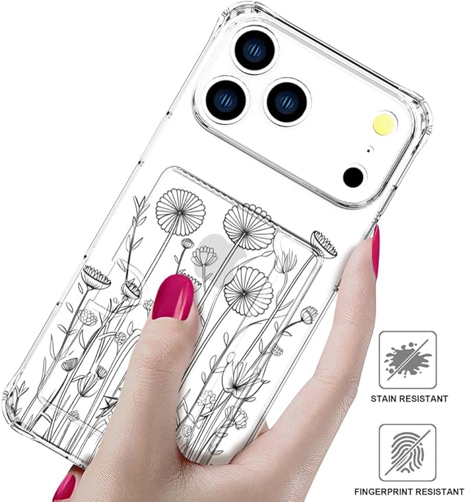 Compatible with iPhone 17 Pro Case Card Holder for Women Cute Design,Wallet Phone Cases Transparent Cool Kawaii Protective (Clear Black Flower Bouquet)