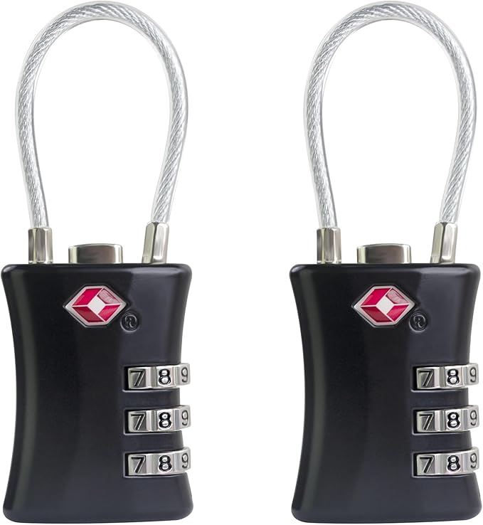 TSA Locks for Luggage, Small Combination Padlock, Luggage Locks TSA Approved, Padlock Combination with Cable, for Suitcase, Gym Locker, Gun Case, Ammo Can, Backpack Zipper (Black+Black)