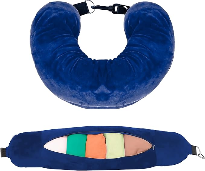 Neck Pillow for Sleeping Travel Stuffed Neck Pillows Storage Bag Adjustable U-Shapes Airplane Pillow with Extra Luggage Soft Car Travel Essentials No Filler Blue