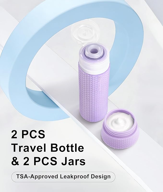 Travel Bottles for Toiletries 2oz 90ml 2 Pack + Cosmetic Jar 40ml 1.35oz 2 Pack Luxury Leather Pattern, Anti-slip Silicone Premium Refillable Bottle Set with Facial Brush for Gym Men Women