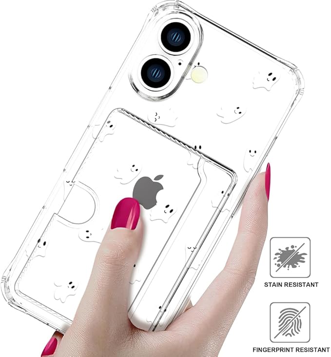 Compatible with iPhone 17 Case Card Holder for Women Cute Design,Wallet Phone Cases Transparent Cool Kawaii Protective (Clear Ghosts Halloween Hallowmas)