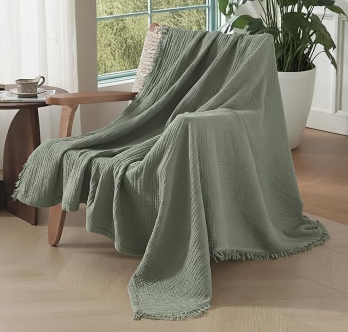 KyraHome 100% Organic Cotton Muslin Throw Blanket, 90"x90" Queen Size, Plant Dyed, Warm, Breathable Gauze Muslin Cotton Blankets for Bed, Cocuh, Coverlet, All Season, Sage Green