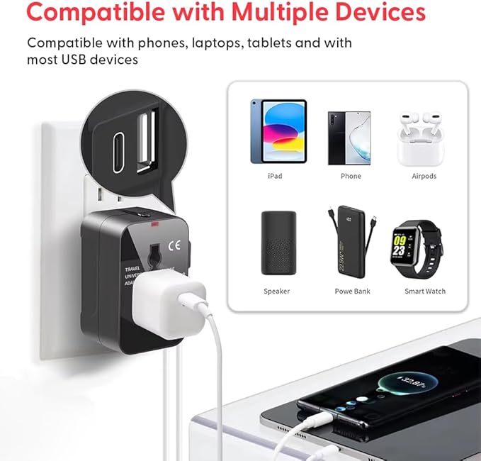 Universal Travel Adapter Worldwide | USB-C, USB-A Ports All in One International Travel Adapter Plug for USA to EU UK AU | European Plug Worldwide Travel Essentials