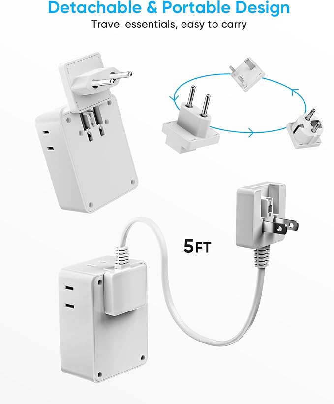 Kakyanill European Travel Plug Adapter Kit, 5ft Detachable Extension Cord with Type C/G/E/F Plug, 4 AC Outlets, 20W USB C Power Delivery, UK Germay France Greece Travel Plug Adapter