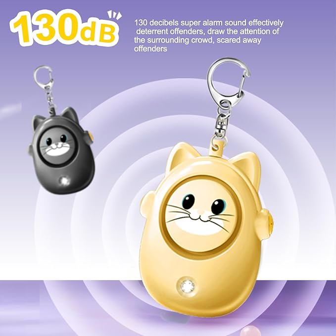 Personal Safety Alarm Keychain, 130dB Loud Siren with LED Light, Cute Cat Design Security Device for Women, Children, Elderly