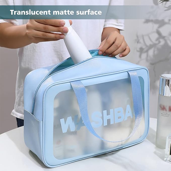 DAPOWER Travel Toiletry Bag for Women and Men, Matte Translucent Toiletry Bag with Handy Handle, Makeup Cosmetic Organizer Bag for Travel Toiletries Accessories (Blue)
