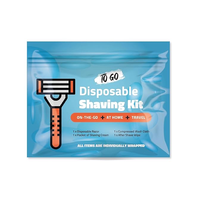 Compact Shaving Kit – Travel Shaving Essentials for Men & Women | Includes Disposable Razor, Shaving Cream, Washcloth & Aftershave Wipe | Hygiene Kit for Travel, Work & Emergencies (Blue)