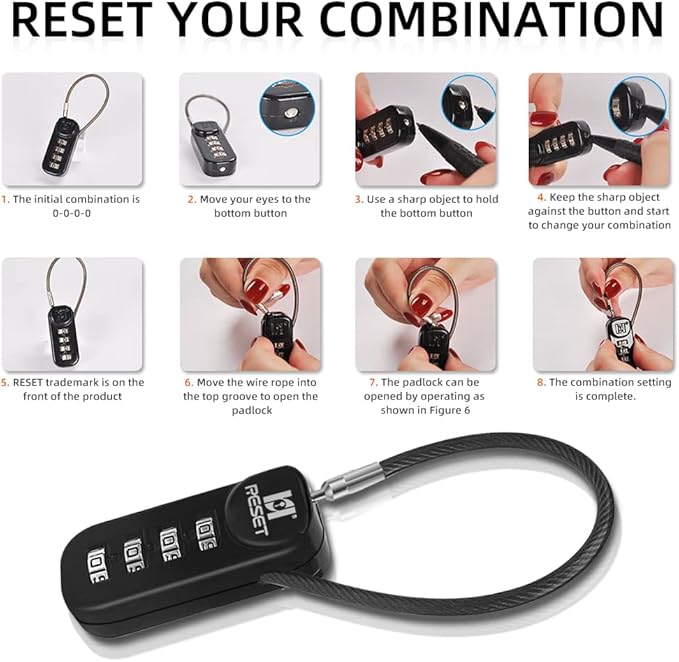 RESET-192 4 Digit Combination Padlock with 10cm(4 inch) Cable,Travel Lock for Luggage,Suitcase,Baggage,Backpack,Toolbox,Case,Black,1 Pack