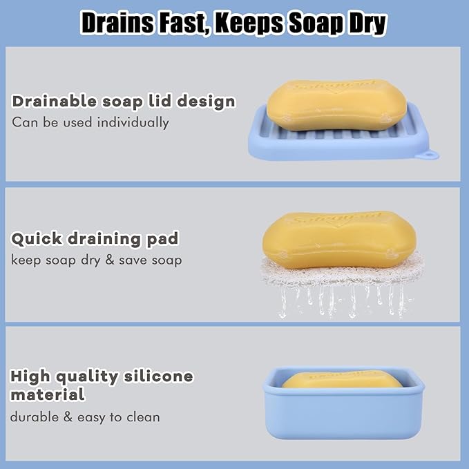Silicone Leak-Proof Travel Soap Case, Portable Soap Container with Removable Draining Pad, Compact Soap Box for Travel, Gym, Camping, Bathroom(Light Blue)