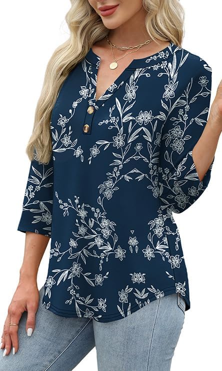 OFEEFAN Womens Tops 3/4 Sleeve Henley Shirts for Women Summer Outfits Fashion Clothing