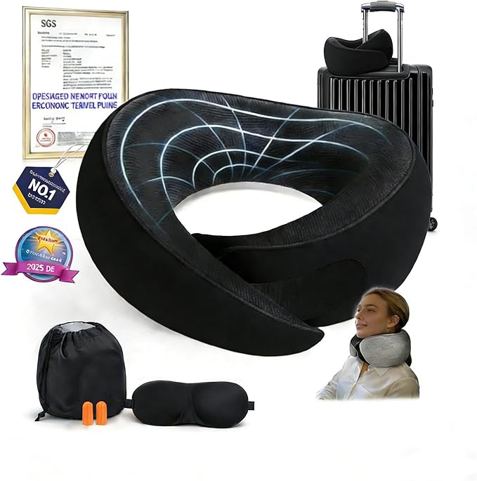 Memory Foam Travel Neck Pillow – Ergonomic Airplane Pillow with 360° Head Support | Includes Eye Mask & Ear Plugs | Ultra Portable Neck Pillow Airplane for Flights & Cars(Black)