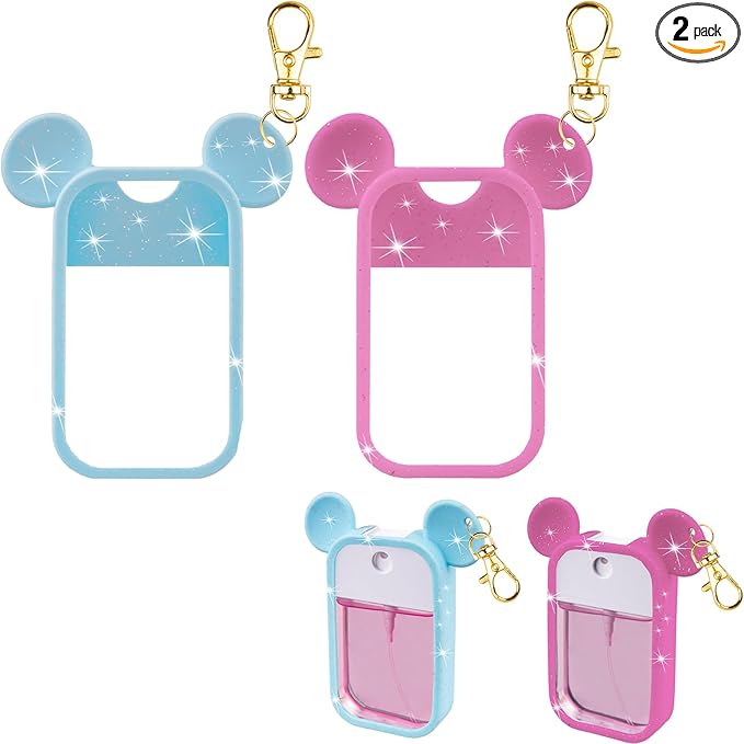 TERPINK 2 Pack Silicone Case Compatible with Touchland Hand Sanitizer Spray 1 fl oz, Mouse Design Protective Case with Keychain, Hand Sanitizer Spray Accessory (Glitter Sequin Blue+Hot Pink)