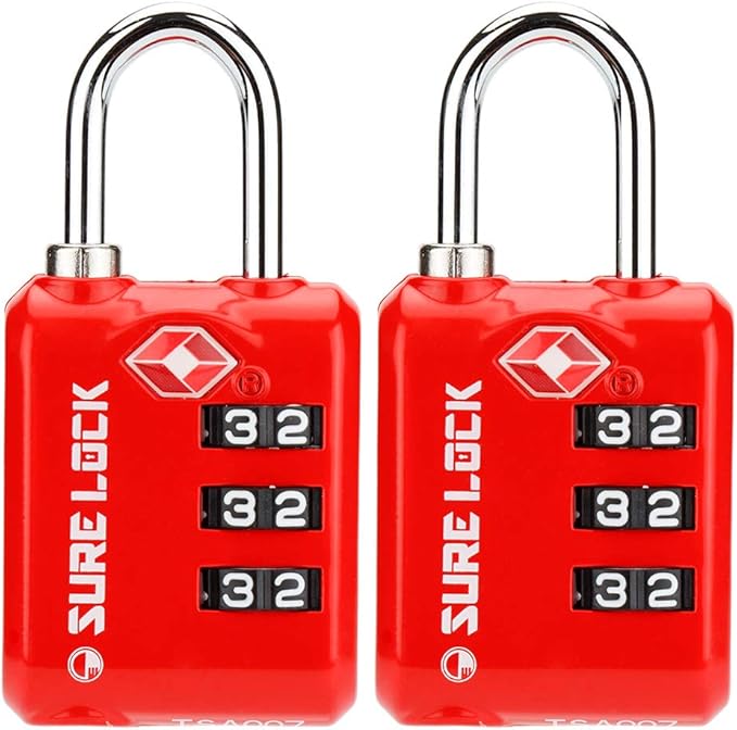 SURE LOCK TSA Approved 3 Digit Luggage Locks With Zinc Alloy Body and Hardened Steel Shackle To Lock Travel Suitcase