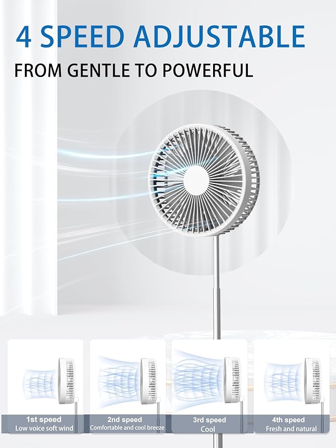 UN UNITEDTIME Oscillating Fan with Remote Control, 7200mAh Rechargeable Battery Operated Travel for Camping, 4 Speed, Timer, Height Adjustment Portable Foldable Fan for Travel, Outdoor, Home (White)