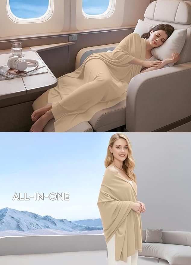 Women's Wool Blend Travel Scarf Lightweight Breathable Wrap Pashmina Airplane Blanket Shawl