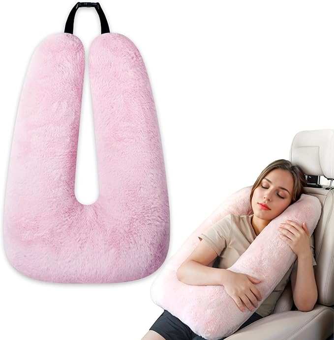 Atablyn Pink Soft Cotton Travel Neck Pillow -Ergonomic Support for Child and Adult Car Seats, Cozy Compact Pillow for Long-Distance Travel Essentials