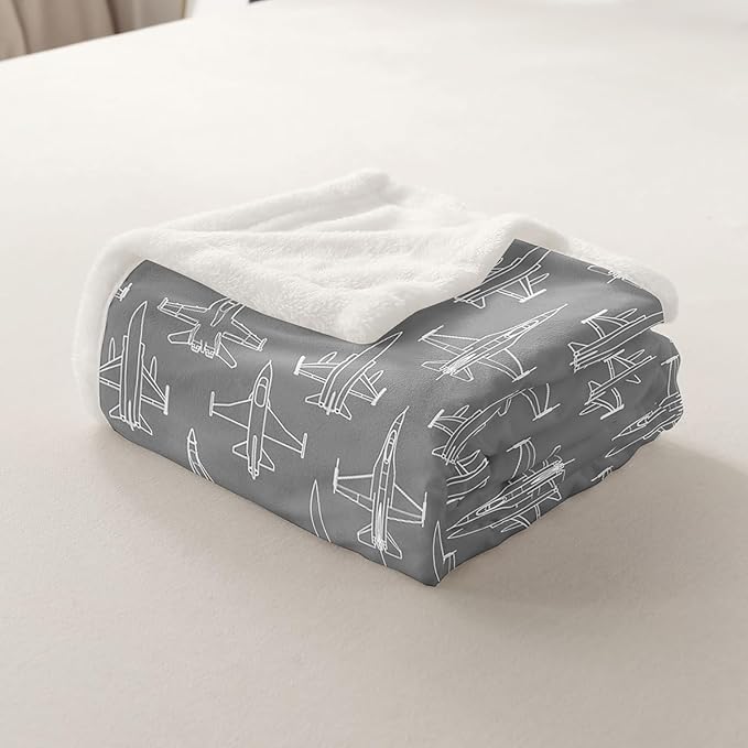 Cartoon Airplane Kids Throw Blanket,American Aircraft Toddler Bed Blanket for Girls Boys Adults,Hand-Painted Air Plane Fleece Blanket,Grey White Unique Fuzzy Blanket,Baby Size (30 x 39 Inches)