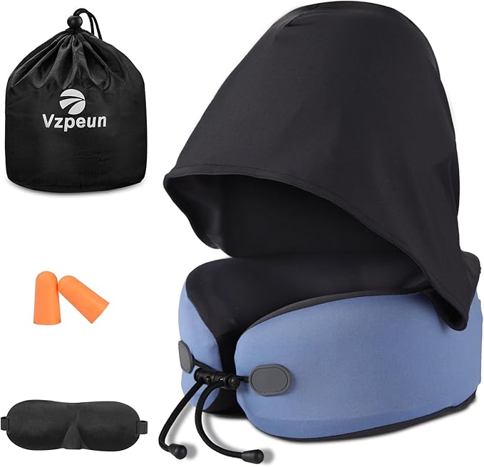 Neck Pillow for Travel - Hooded Memory Foam Plane Pillow for Airplane, Office, Cars Sleeping, Road Trip, Long Flights, Portable Plane Accessories, Includes Eye Mask & Earplugs (Blue)