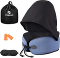Neck Pillow for Travel - Hooded Memory Foam Plane Pillow for Airplane, Office, Cars Sleeping, Road Trip, Long Flights, Portable Plane Accessories, Includes Eye Mask & Earplugs (Blue)