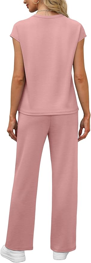 WIHOLL 2 Piece Sets for Women Casual Summer Travel Vacation Outfits Cap Sleeve Lounge Set