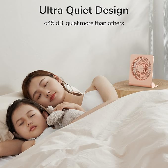 JISULIFE Small Desk Fan, Portable USB Rechargeable Fan, 160° Tilt Folding Personal Mini Fan with 4500mAh Battery, Strong Wind, Ultra Quiet, 4 Speed Modes for Office, Home, Camping - Pink