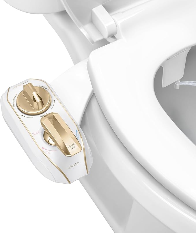LUXE Bidet NEO 320 Plus - Warm Water, Dual Nozzle, Non-Electric Bidet Attachment for Toilet Seat, Patented Slide-In Install, 360° Self-Clean, EZ-Lift to Clean, Feminine & Rear Wash (Gold)