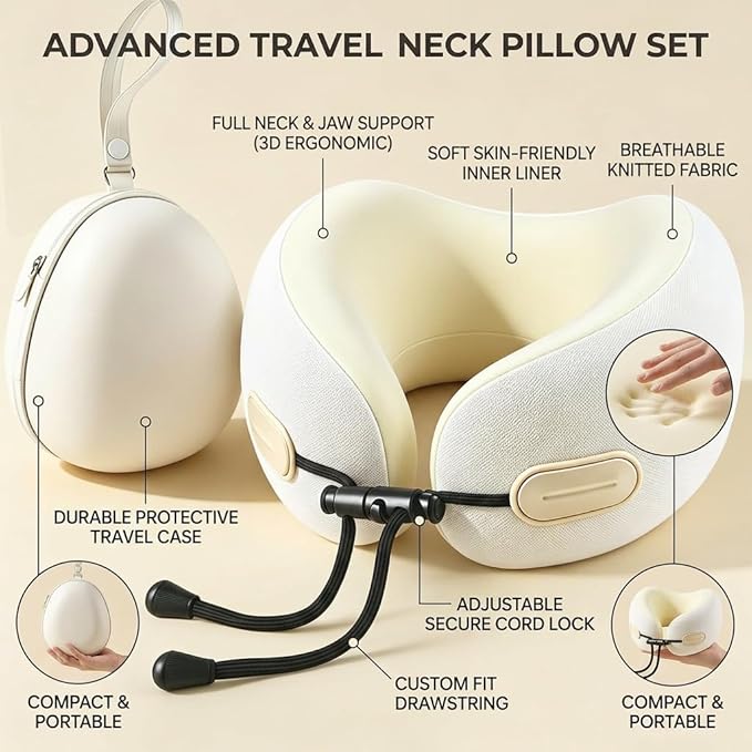 Travel Neck Pillow with Storage Case, 100% Pure Memory Foam, Airplane Head Support for Flight Sleeping, Portable, Beige