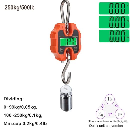 Digital Hanging Scales Portable Heavy Duty Crane Scale 250 kg 500 lb 2 AAA Batteries(Not Included)