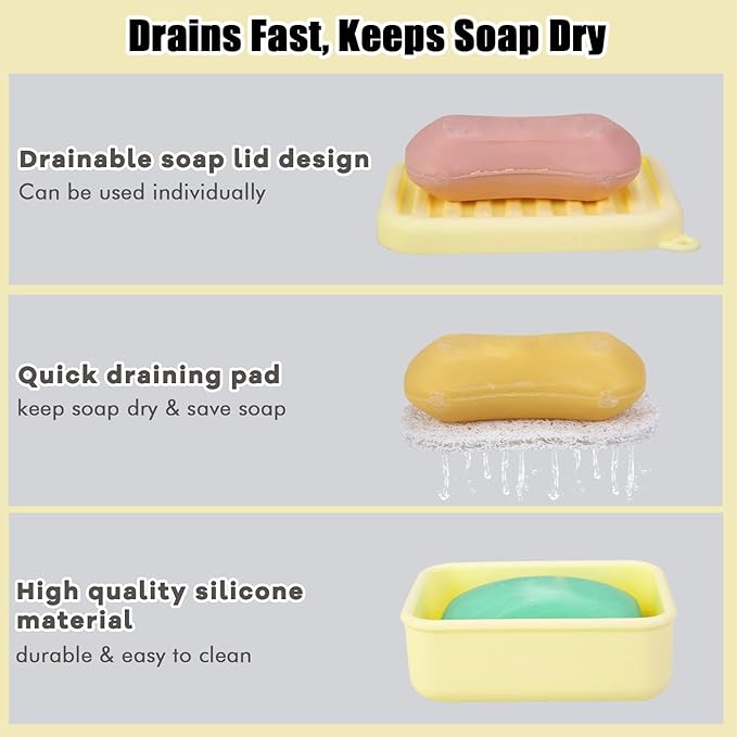 Silicone Leak-Proof Travel Soap Case, Portable Soap Container with Removable Draining Pad, Shatter-Proof Soap Holder for Travel, Gym, Camping, Bathroom(Cream Yellow)