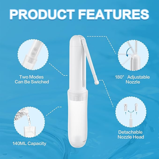 Portable Bidet for Travel 140mL Nozzle 180° Adjustment IPX6 Electric Handheld Bidet for Personal Hygiene Cleaning, Baby Wash, Postnatal Care, Perineal & Hemorrhoid Treatment(NHJ001E)
