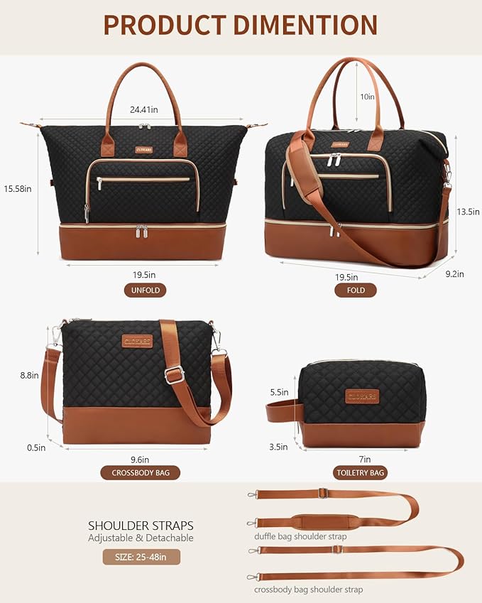 Weekender Bags for Women, Travel Duffle Bag Carry On Overnight Bag with Cosmetics Bag and Crossbody Purse for Gym Hospital, Gifts for Women, Black Brown