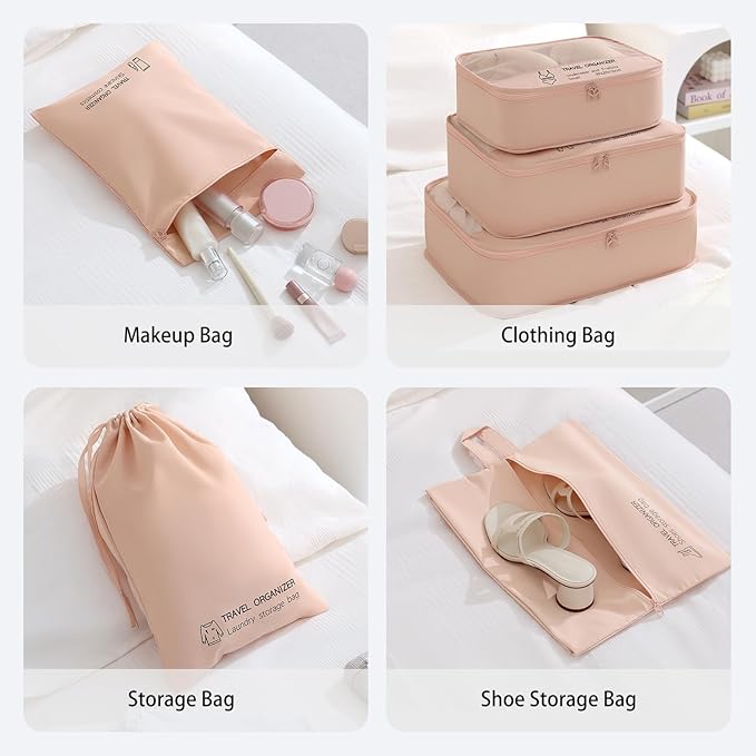 7PCS Packing Cubes for Travel Luggage Organizers Shoe & Toiletry Bag Light Packing Cubes Clothing Underwear Bag Accessories and Essentials for Mom & Women (Pink)