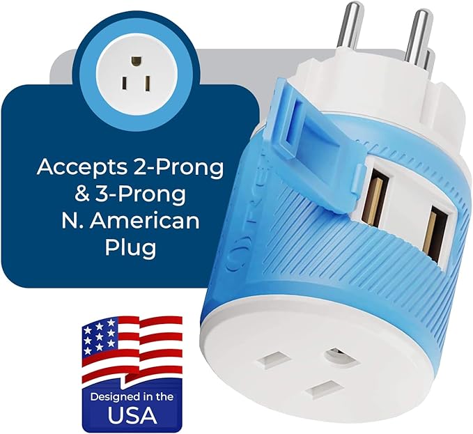 OREI 3 in 1 Israel Plug Adapter (Type H Adapter) with Dual USB for Charging – Does Not Convert Voltage - Israel Adapter Plug with Type B Input, Compatible in Palestine, Gaza Strip & Israel (U2U-14)