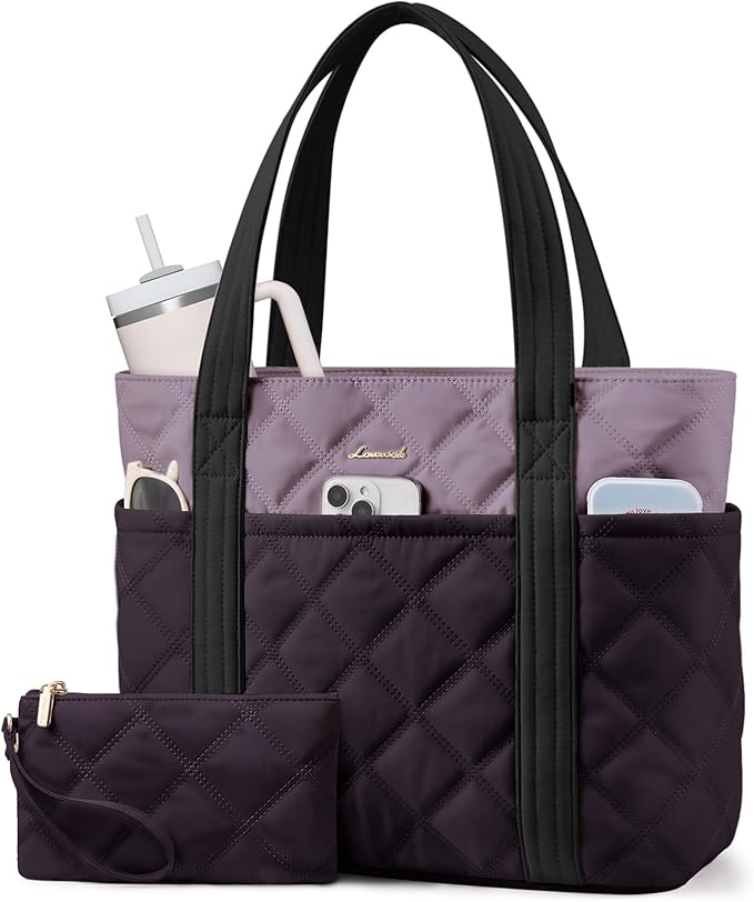 LOVEVOOK Puffer Tote Bag for Women, Puffy Work Handbag with Cup Holder, Travel Carry On Bag with Zipper for Teacher Nurse Gym